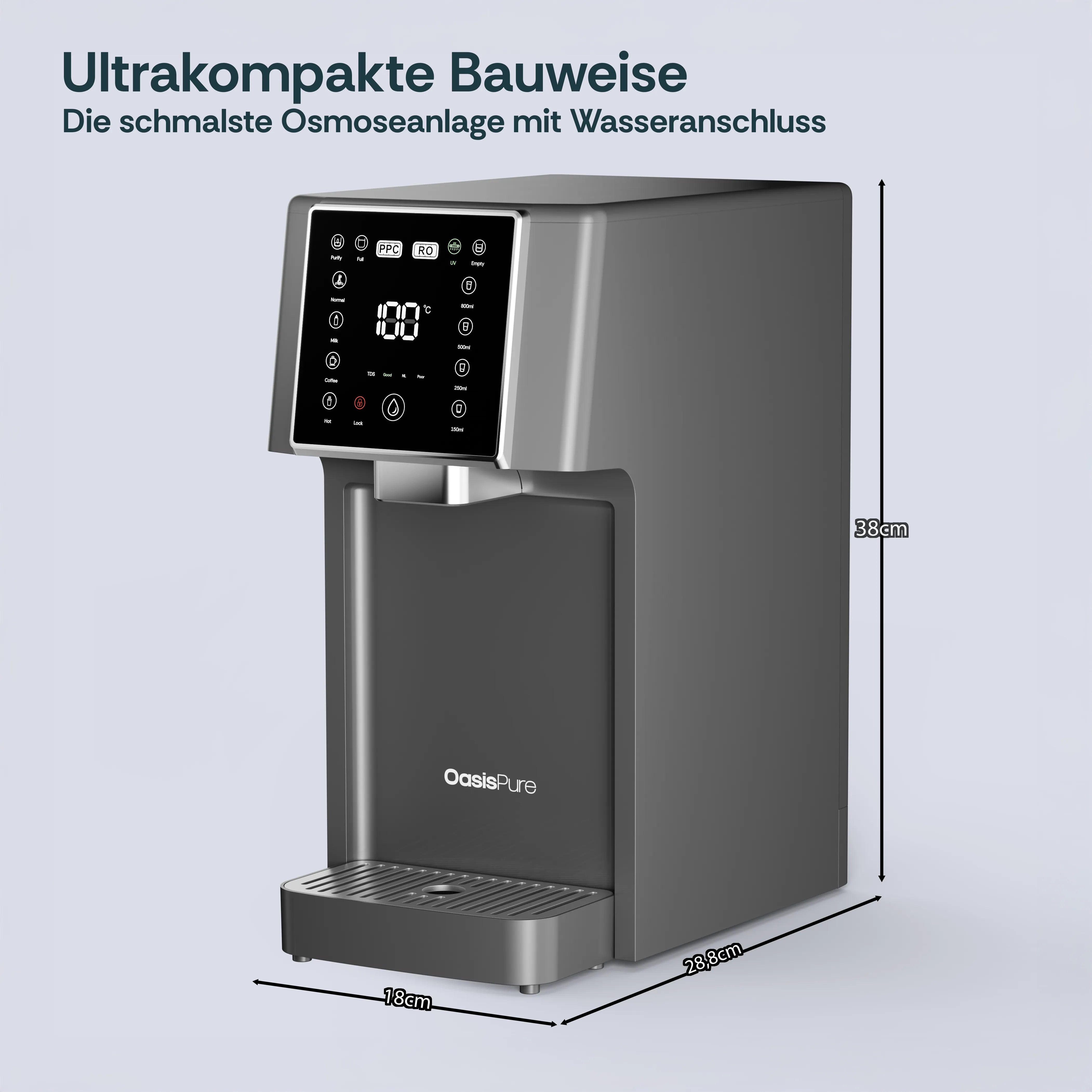 FreshGo Slim Osmoseanlage im 45-Grad-Winkel mit Maßband, demonstriert die besonders schmale Bauweise von nur 18 cm Breite.