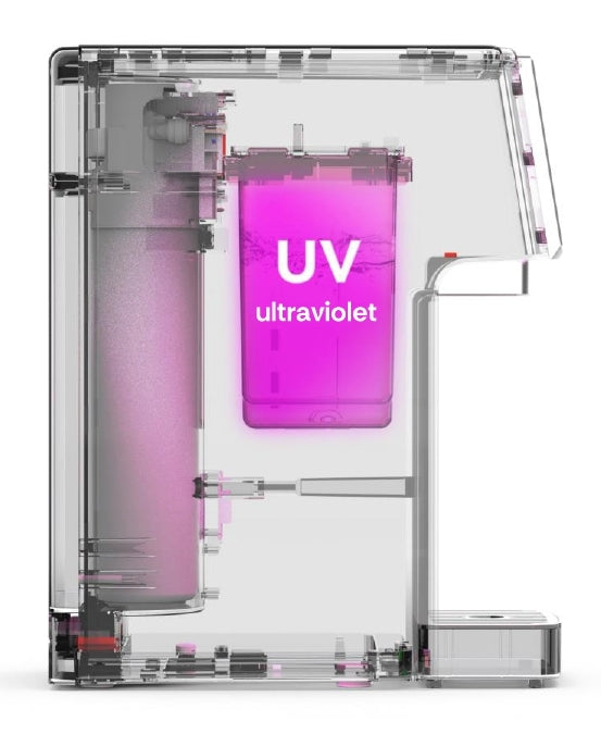 UV-C-Licht im internen Reinwassertank des OasisPure FreshGo Slim Wasserfilter zur Sterilisation und Keimreduktion